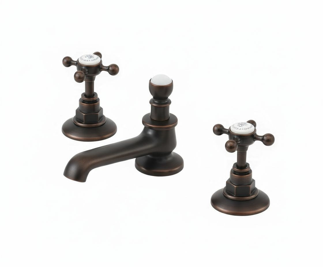 Weathered Copper 3 holed basin mixer deck mounted in a traditional style compatible with Barber Wilsons, Lefroy Brooks, Rudge, and Chadder & Co.