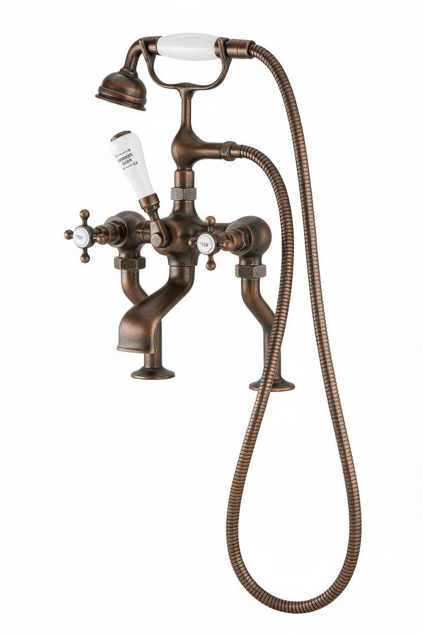 Weathered Copper Bath Mixer Deck Mounted in a traditional style compatible with Barber Wilsons, Lefroy Brooks, Rudge, and Chadder & Co.