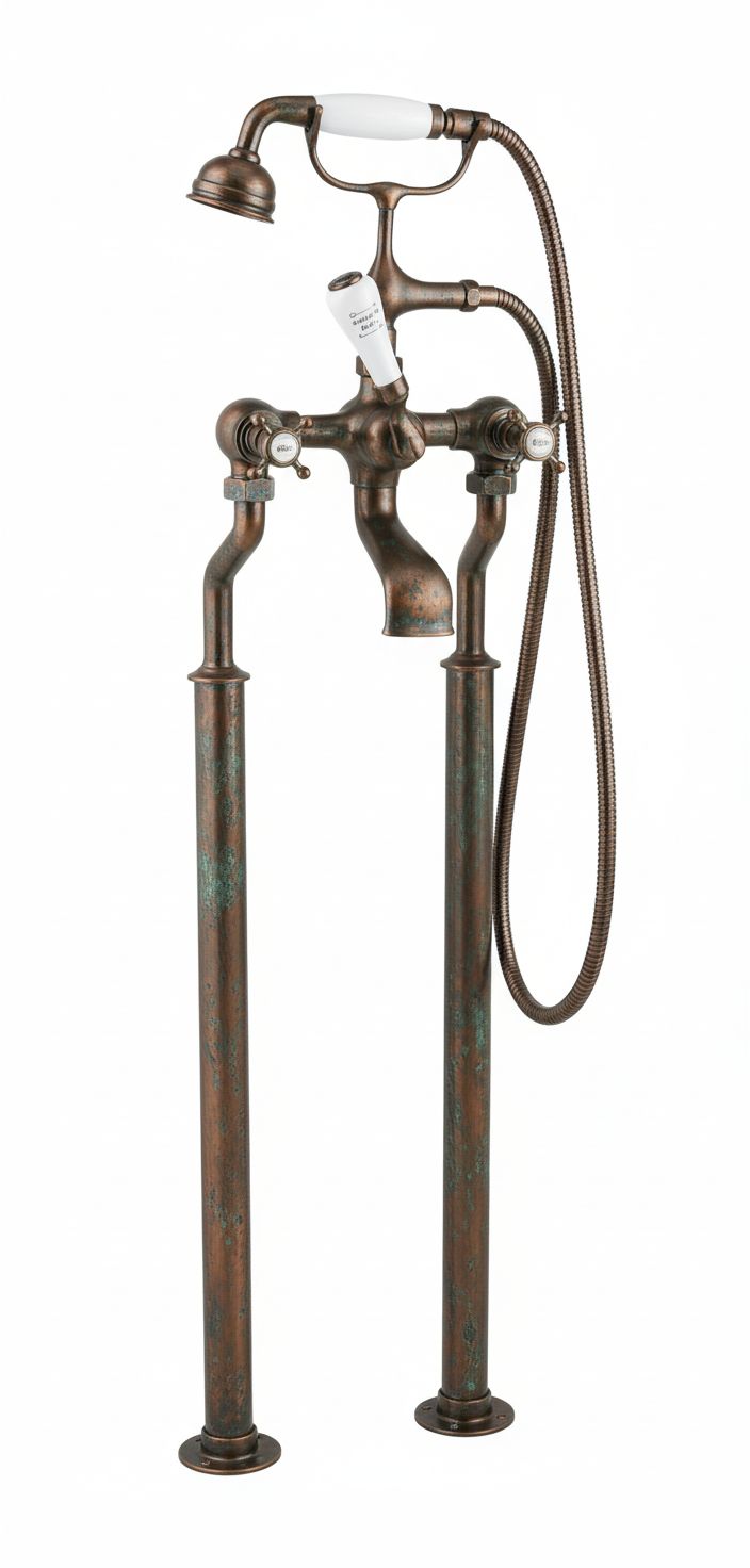Weathered Copper Bath Mixer on Standpipe Legs in a traditional style compatible with Barber Wilsons, Lefroy Brooks, Rudge, and Chadder & Co.