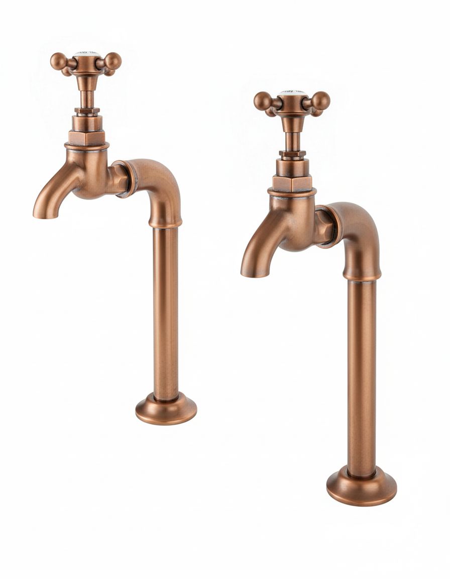 Weathered Copper BIB TAPS EXTENDED upstand bibs in a traditional style compatible with Barber Wilsons, Lefroy Brooks, Rudge, and Chadder & Co.