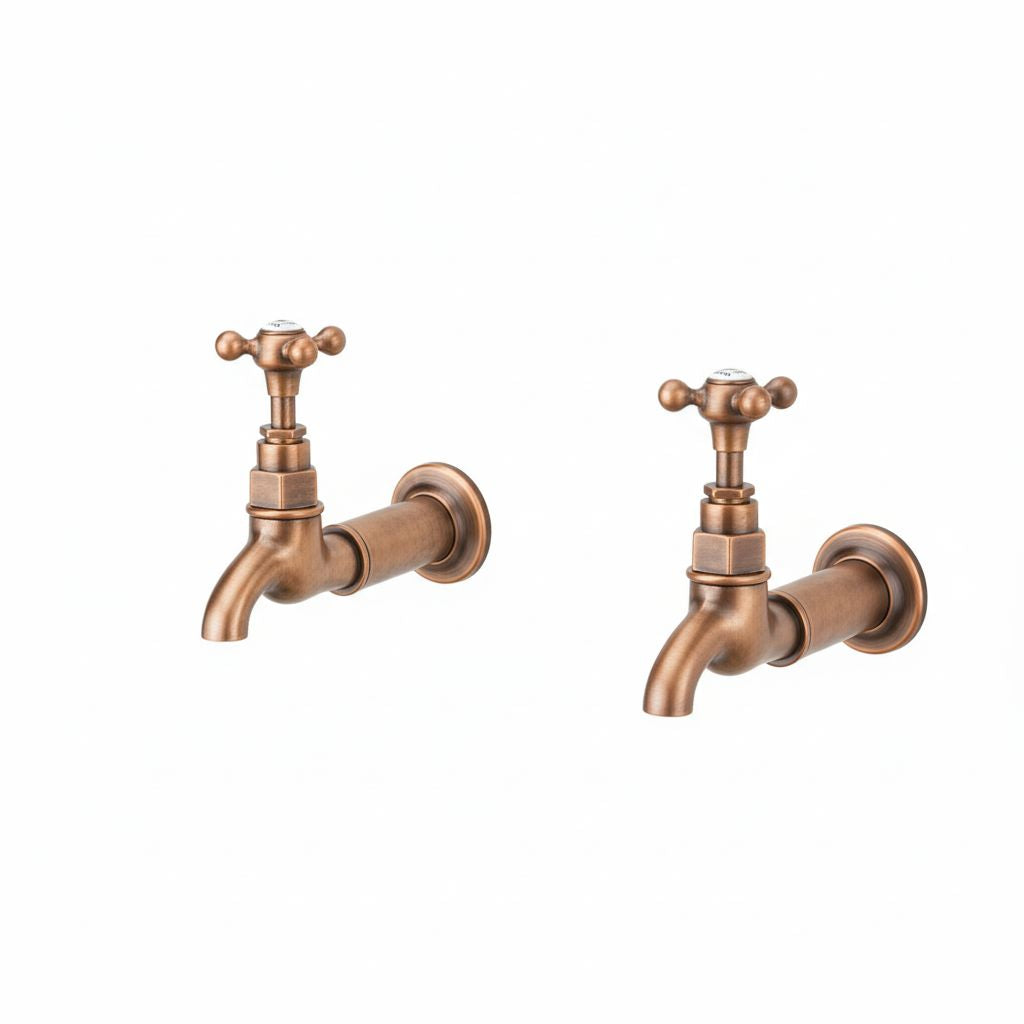 Weathered Copper BIB TAPS ONLY in a traditional style compatible with Barber Wilsons, Lefroy Brooks, Rudge, and Chadder & Co.