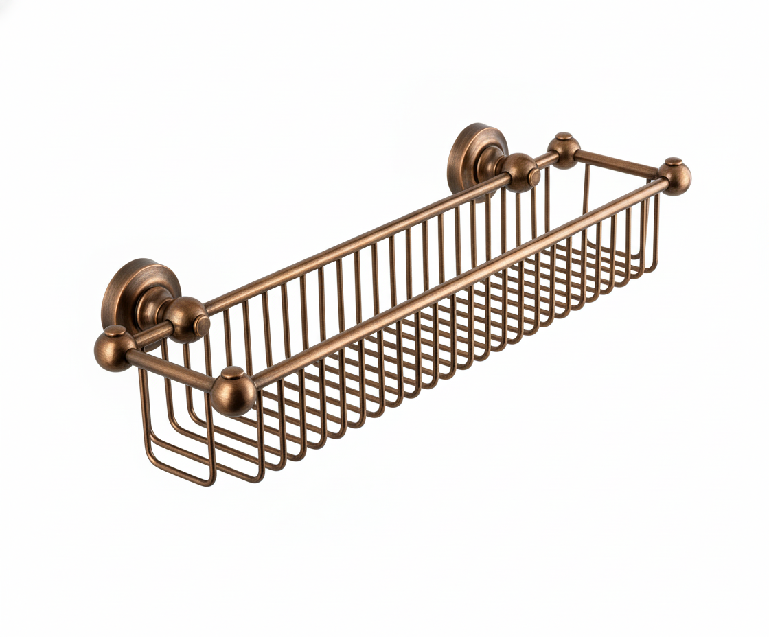 Weathered Copper BOTTLE BASKET in a traditional style compatible with Barber Wilsons, Lefroy Brooks, Rudge, and Chadder & Co.