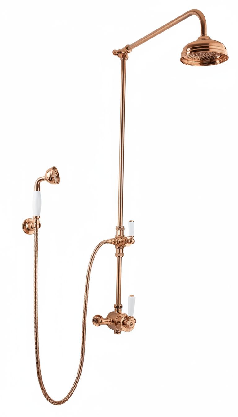 Weathered Copper ESPOSED THERMOSTSTIC SHOWER WITH HANDSET HOOK SMALL THERMO in a traditional style compatible with Barber Wilsons, Lefroy Brooks, Rudge, and Chadder & Co.