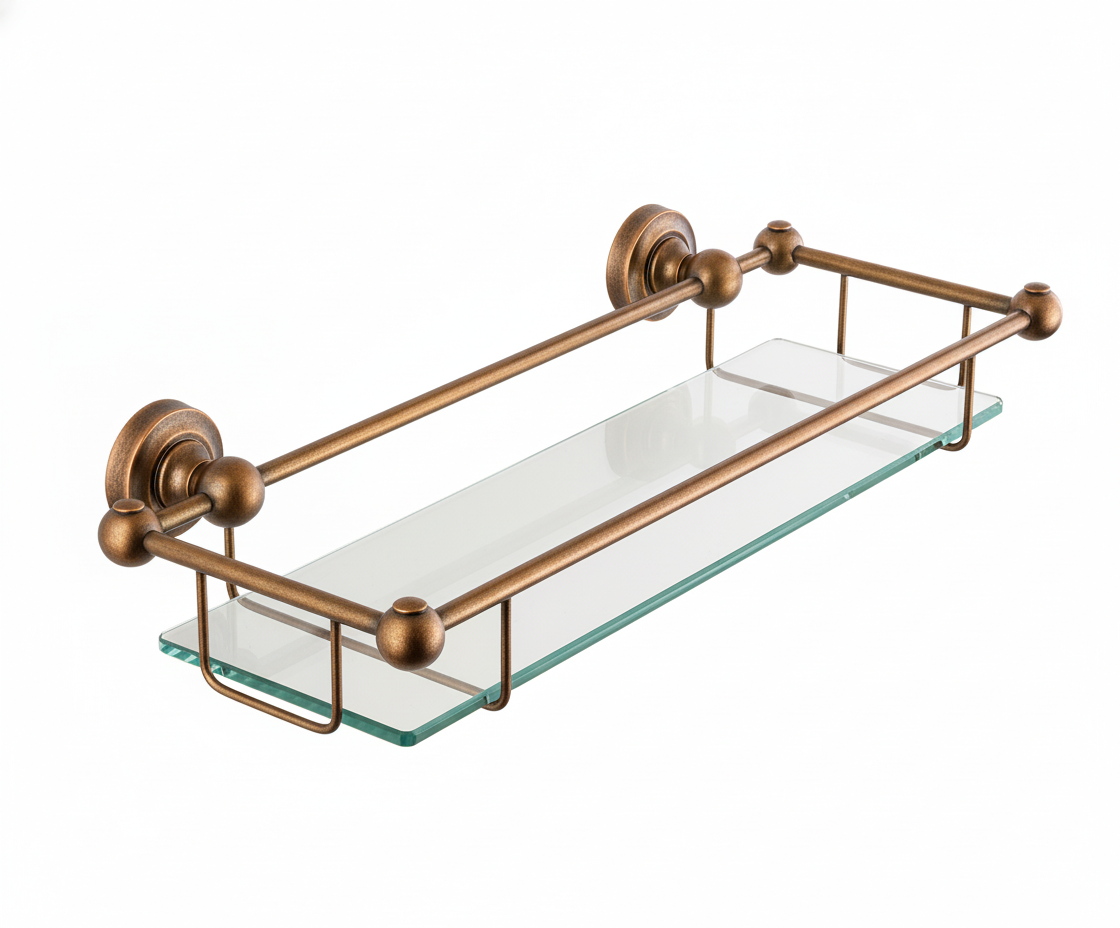 Weathered Copper GLASS GALLERY SHELF in a traditional style compatible with Barber Wilsons, Lefroy Brooks, Rudge, and Chadder & Co.