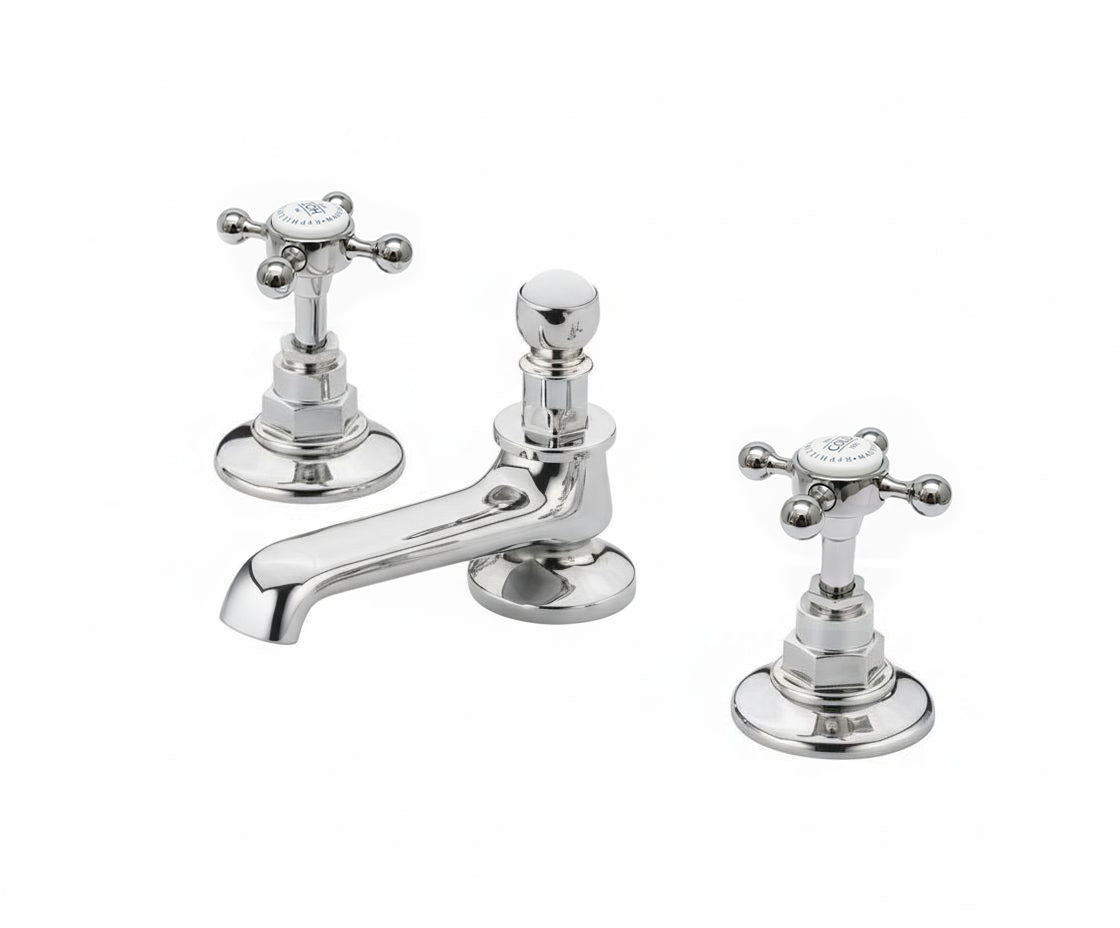 Chrome plated 3 holed basin mixer deck mounted in a traditional style compatible with Barber Wilsons, Lefroy Brooks, Rudge, and Chadder & Co.