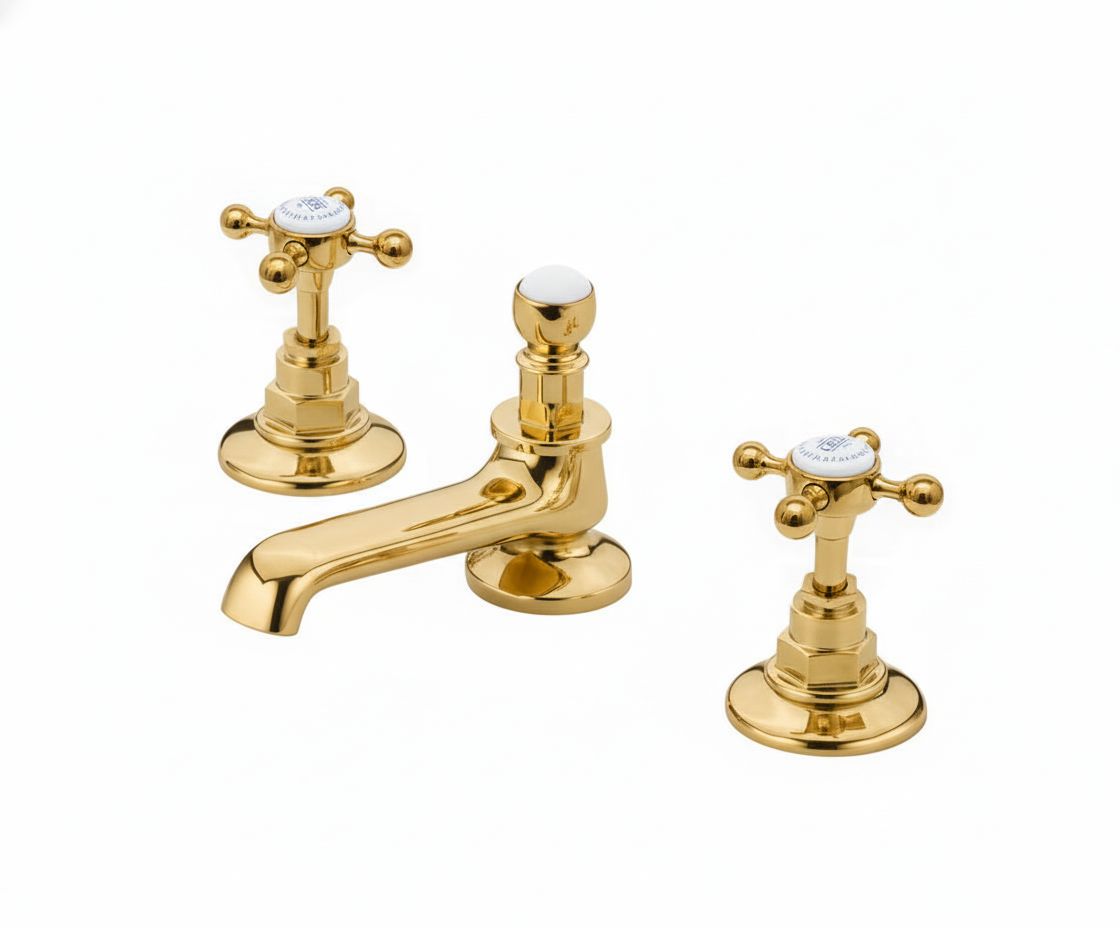polished bras 3 holed basin mixer deck mounted in a traditional style compatible with Barber Wilsons, Lefroy Brooks, Rudge, and Chadder & Co.