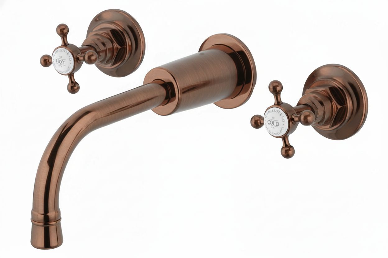 Weathered Copper 3 Holed basin Mixer Wall Mounted in a traditional style compatible with Barber Wilsons, Lefroy Brooks, Rudge, and Chadder & Co.