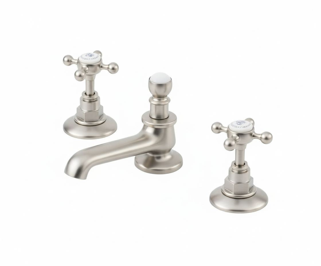 Nickle plate 3 holed basin mixer deck mounted in a traditional style compatible with Barber Wilsons, Lefroy Brooks, Rudge, and Chadder & Co.