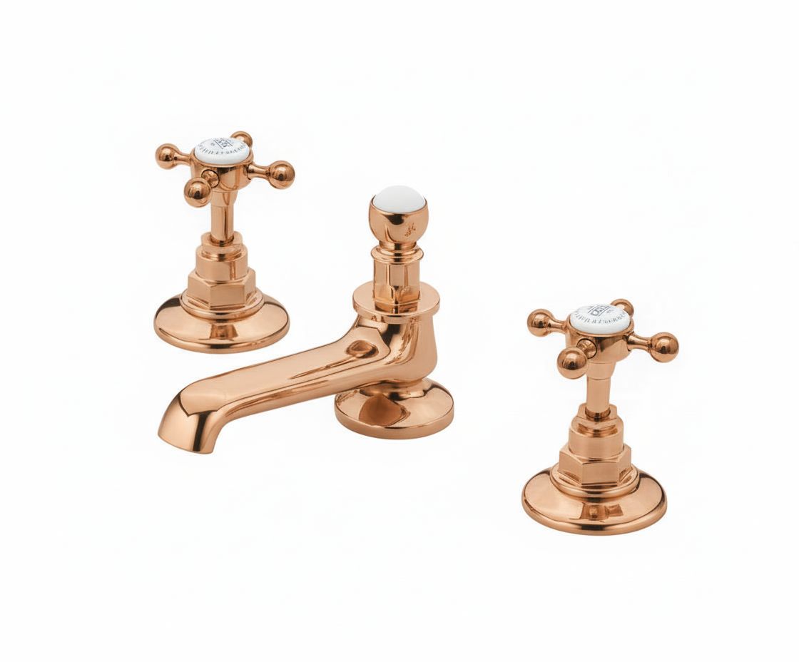 French Copper 3 holed basin mixer deck mounted in a traditional style compatible with Barber Wilsons, Lefroy Brooks, Rudge, and Chadder & Co.