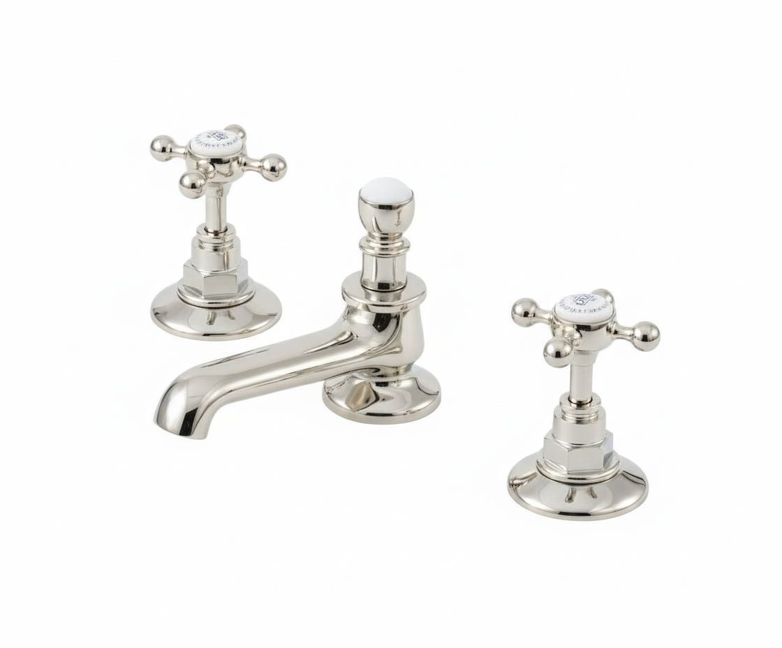 Brushed Nickel 3 holed basin mixer deck mounted in a traditional style compatible with Barber Wilsons, Lefroy Brooks, Rudge, and Chadder & Co.
