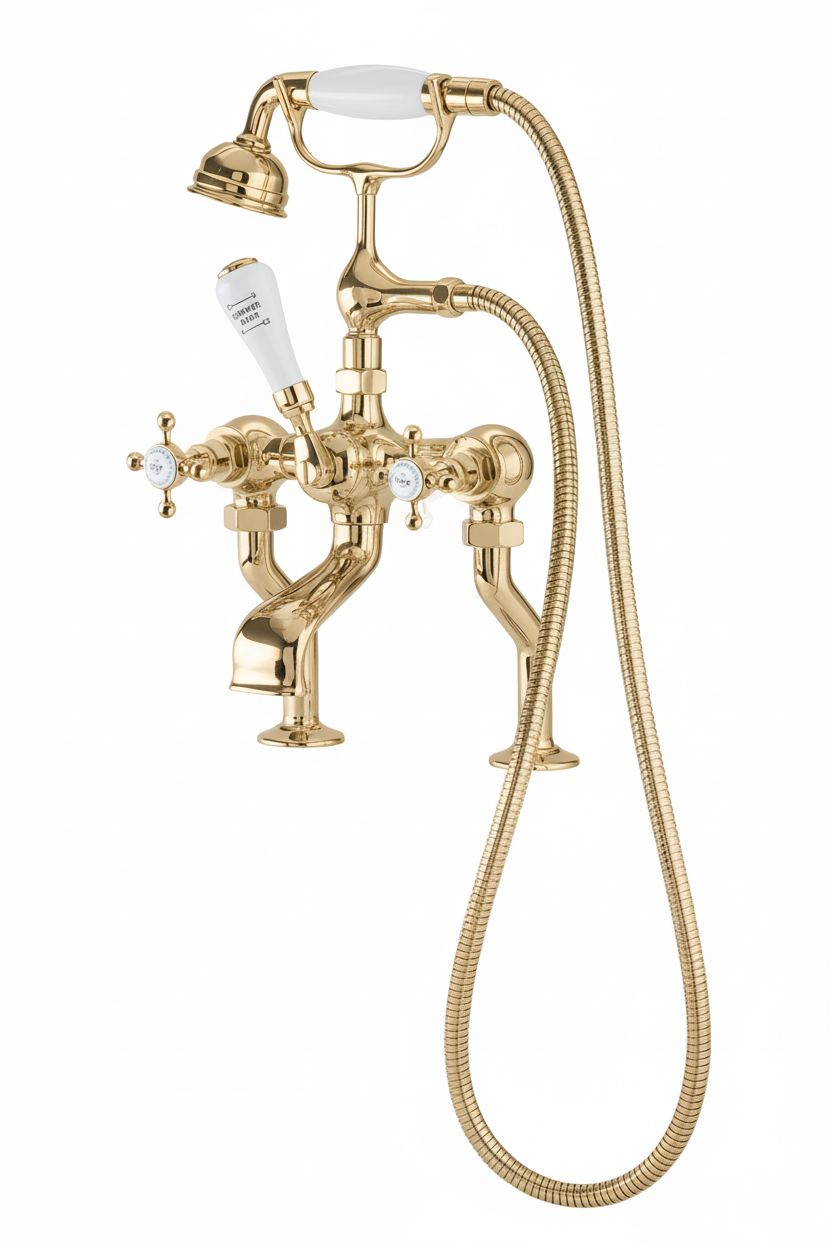 Antique Gold Bath Mixer Deck Mounted in a traditional style compatible with Barber Wilsons, Lefroy Brooks, Rudge, and Chadder & Co.