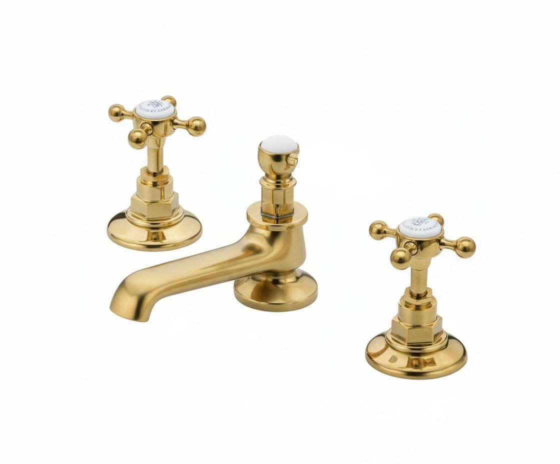 Antique Gold 3 holed basin mixer deck mounted in a traditional style compatible with Barber Wilsons, Lefroy Brooks, Rudge, and Chadder & Co.