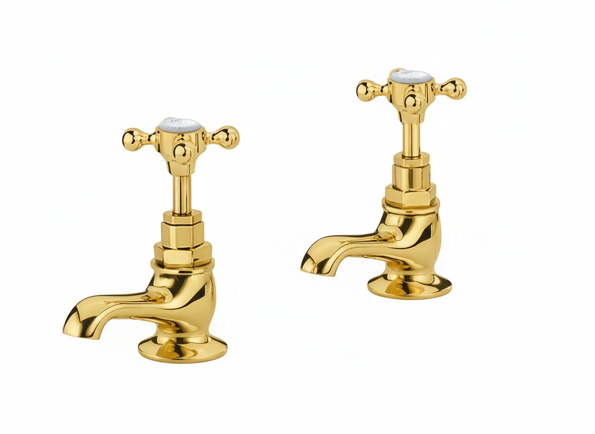 Polished Brass Basin Taps Short Nosed in a traditional style compatible with Barber Wilsons, Lefroy Brooks, Rudge, and Chadder & Co.