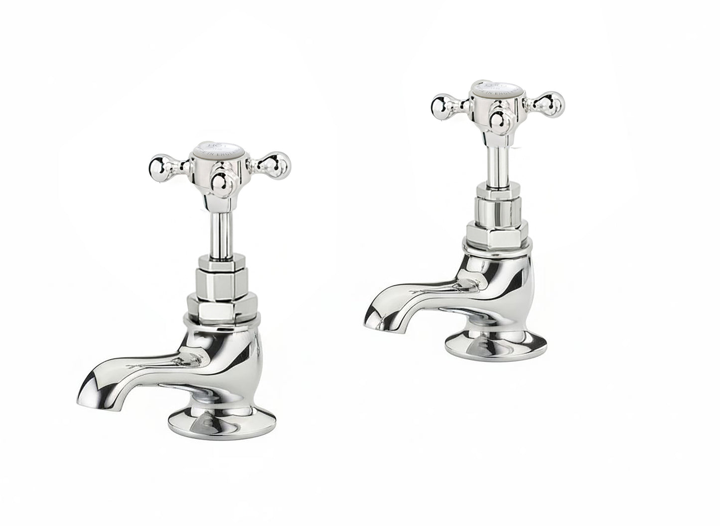 Chrome Plate Basin Taps Short Nosed in a traditional style compatible with Barber Wilsons, Lefroy Brooks, Rudge, and Chadder & Co.