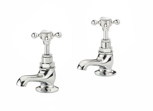 Chrome Plate Basin Taps Short Nosed in a traditional style compatible with Barber Wilsons, Lefroy Brooks, Rudge, and Chadder & Co.