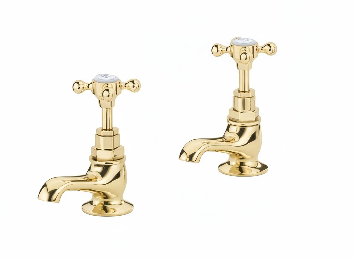 Antique Gold Basin Taps Short Nosed in a traditional style compatible with Barber Wilsons, Lefroy Brooks, Rudge, and Chadder & Co.