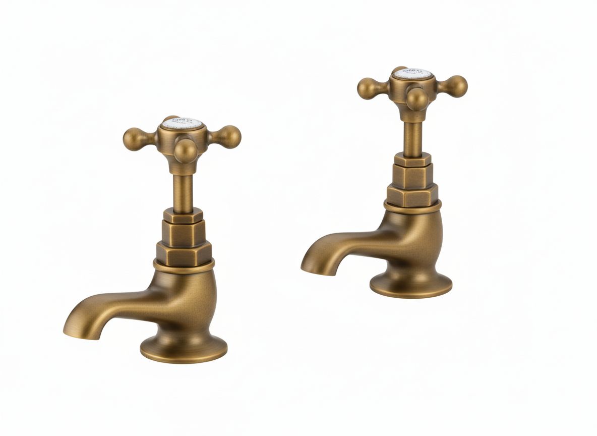 Weathered Brass Basin Taps Short Nosed in a traditional style compatible with Barber Wilsons, Lefroy Brooks, Rudge, and Chadder & Co.