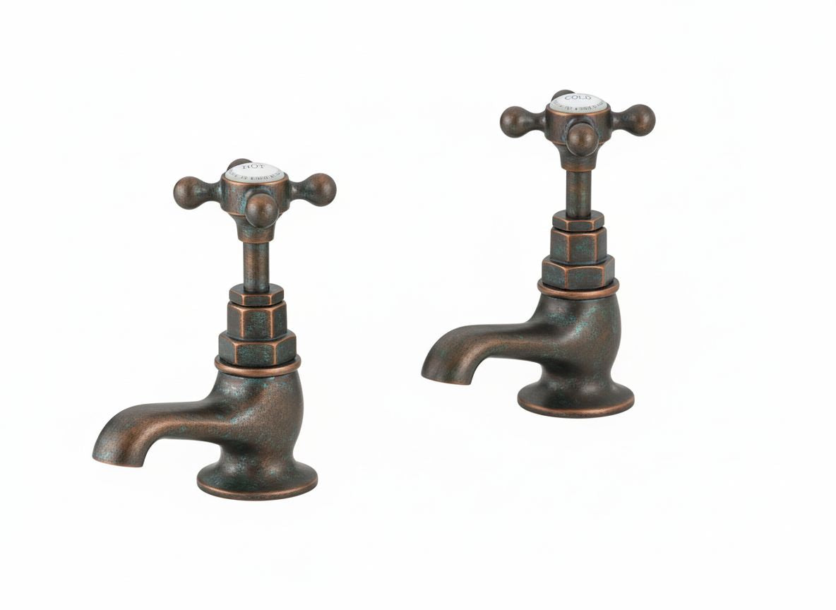 Weathered Copper Basin Taps Short Nosed in a traditional style compatible with Barber Wilsons, Lefroy Brooks, Rudge, and Chadder & Co.