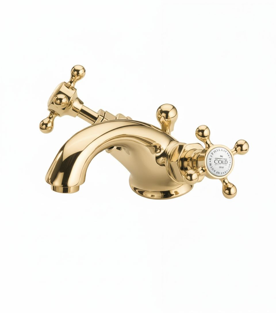 Antique Gold BASIN MIXER SINGLE HOLE in a traditional style compatible with Barber Wilsons, Lefroy Brooks, Rudge, and Chadder & Co.