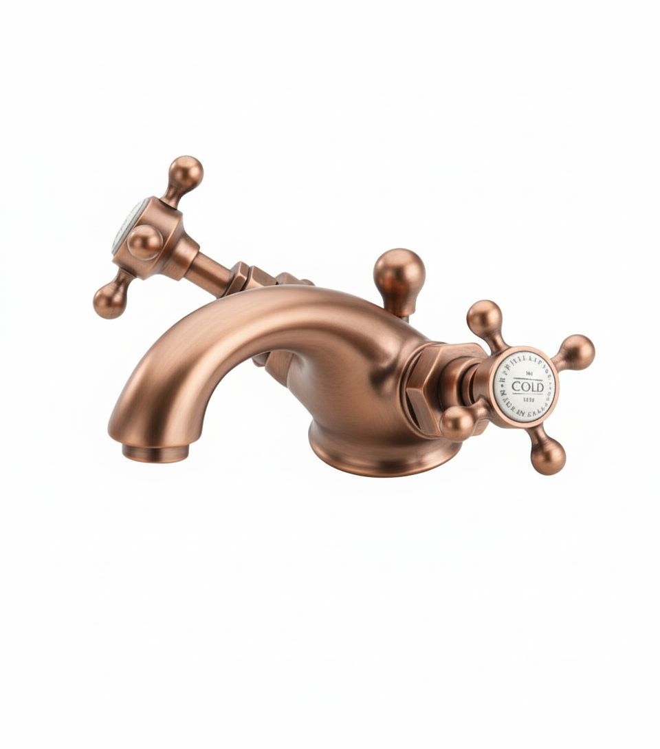 French Copper BASIN MIXER SINGLE HOLE in a traditional style compatible with Barber Wilsons, Lefroy Brooks, Rudge, and Chadder & Co.