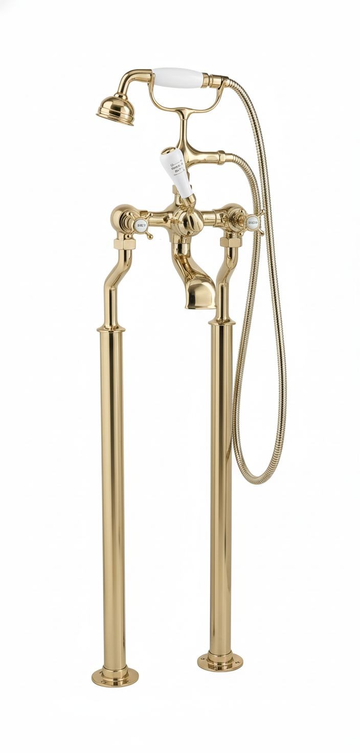 Antique Gold Bath Mixer on Standpipe Legs in a traditional style compatible with Barber Wilsons, Lefroy Brooks, Rudge, and Chadder & Co.