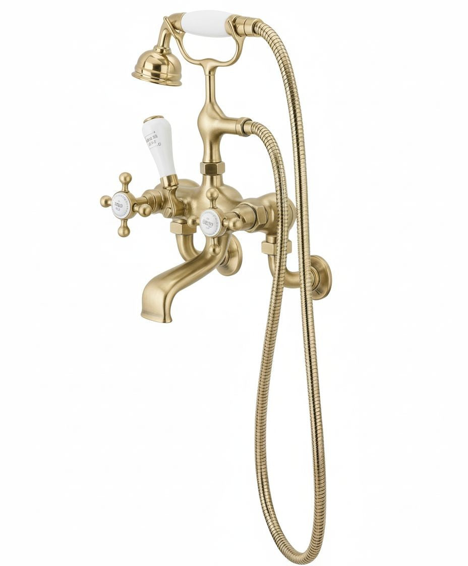 Antique Gold Bath Mixer Wall MOUNTED (PN-1950) in a traditional style compatible with Barber Wilsons, Lefroy Brooks, Rudge, and Chadder & Co.