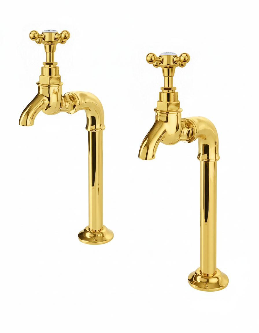 Antique Gold BIB TAPS EXTENDED upstand bibs in a traditional style compatible with Barber Wilsons, Lefroy Brooks, Rudge, and Chadder & Co.