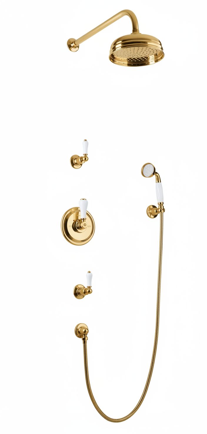 Antique Gold Concealed Shower With Handset Hook Kit in a traditional style compatible with Barber Wilsons, Lefroy Brooks, Rudge, and Chadder & Co.
