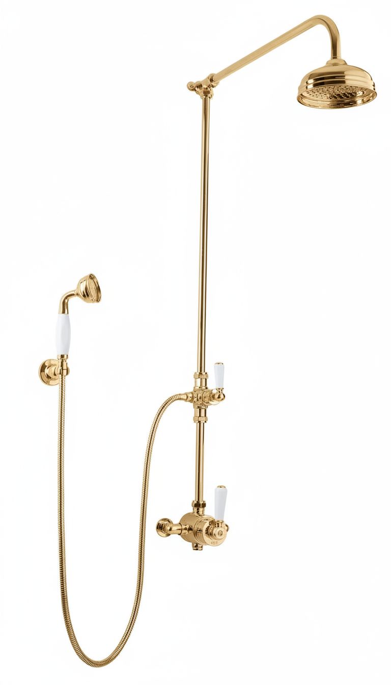 Antique Gold ESPOSED THERMOSTSTIC SHOWER WITH HANDSET HOOK SMALL THERMO in a traditional style compatible with Barber Wilsons, Lefroy Brooks, Rudge, and Chadder & Co.