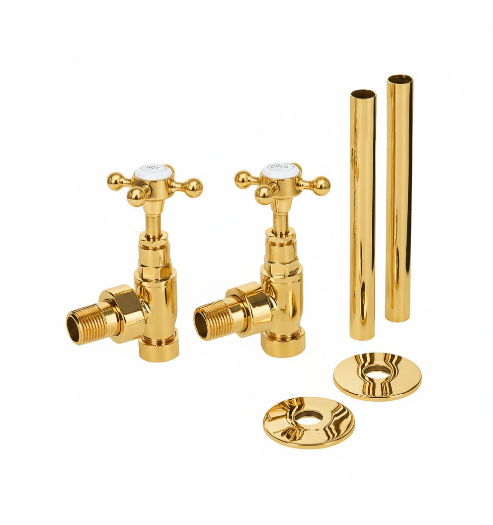 Antique Gold RADIATOR VALES in a traditional style compatible with Barber Wilsons, Lefroy Brooks, Rudge, and Chadder & Co.