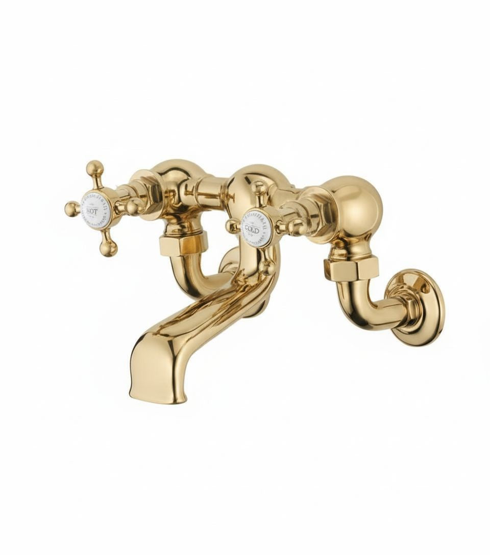 Antique Gold Bath Filler Wall Mounted in a traditional style compatible with Barber Wilsons, Lefroy Brooks, Rudge, and Chadder & Co.