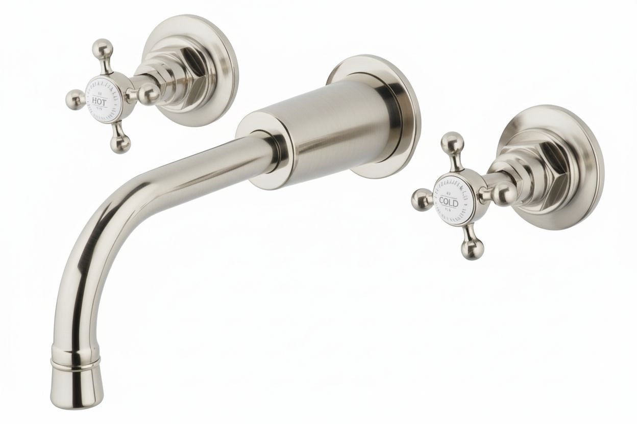 Brushed Nickel Weathered Brass 3 Holed basin Mixer Wall Mounted in a traditional style compatible with Barber Wilsons, Lefroy Brooks, Rudge, and Chadder & Co.