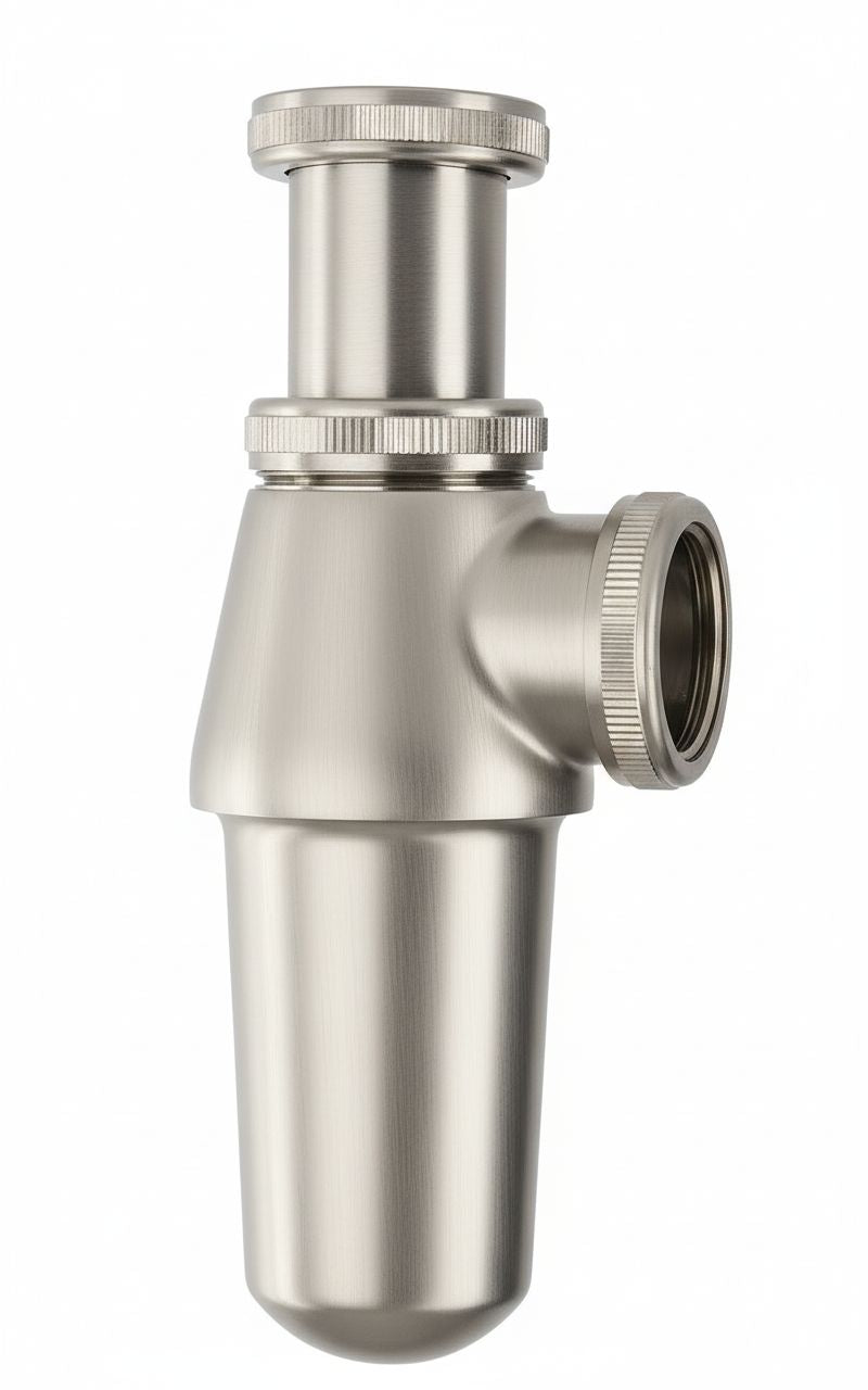 Brushed Nickel BASIN BOTTLE TRAP in a traditional style compatible with Barber Wilsons, Lefroy Brooks, Rudge, and Chadder & Co.