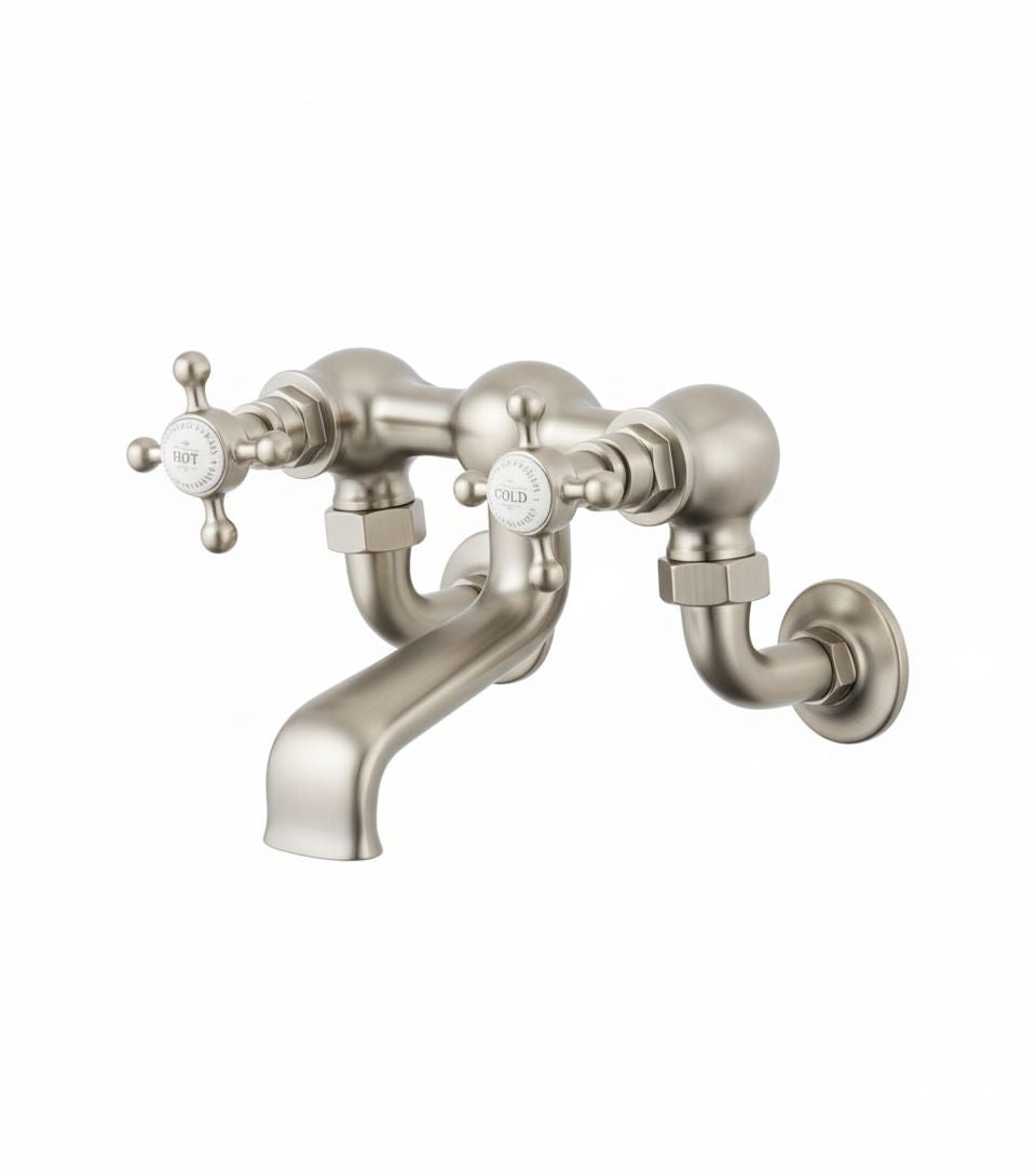 Brushed Nickel Bath Filler Wall Mounted in a traditional style compatible with Barber Wilsons, Lefroy Brooks, Rudge, and Chadder & Co.