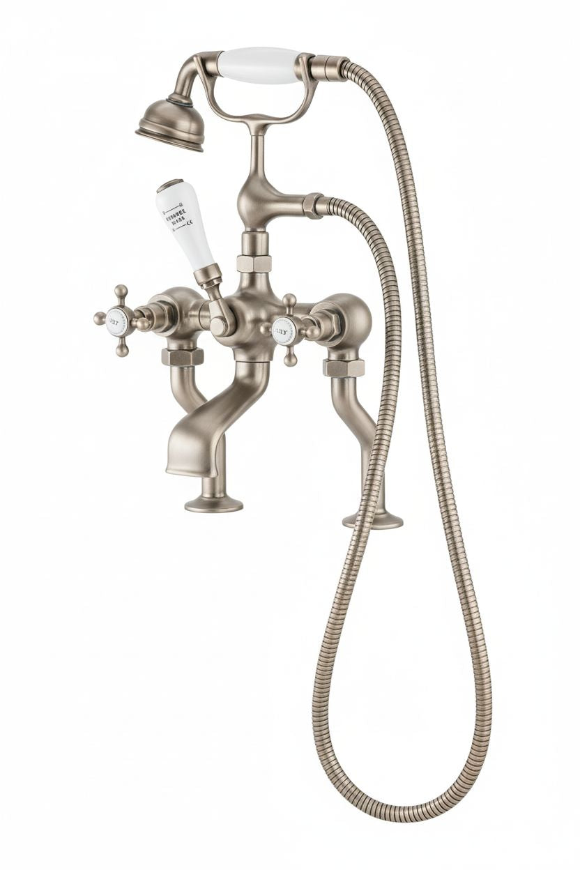 Brushed Nickel Bath Mixer Deck Mounted in a traditional style compatible with Barber Wilsons, Lefroy Brooks, Rudge, and Chadder & Co.