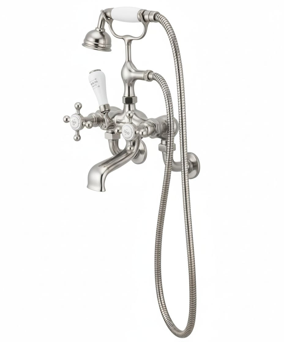 Brushed Nickel Bath Mixer Wall MOUNTED (PN-1950) in a traditional style compatible with Barber Wilsons, Lefroy Brooks, Rudge, and Chadder & Co.