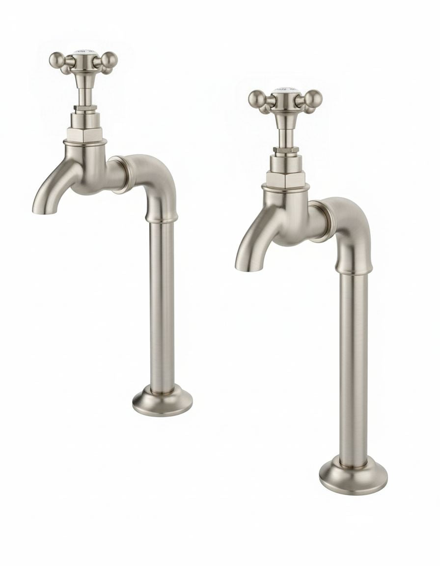 Brushed Nickel BIB TAPS EXTENDED upstand bibs in a traditional style compatible with Barber Wilsons, Lefroy Brooks, Rudge, and Chadder & Co.