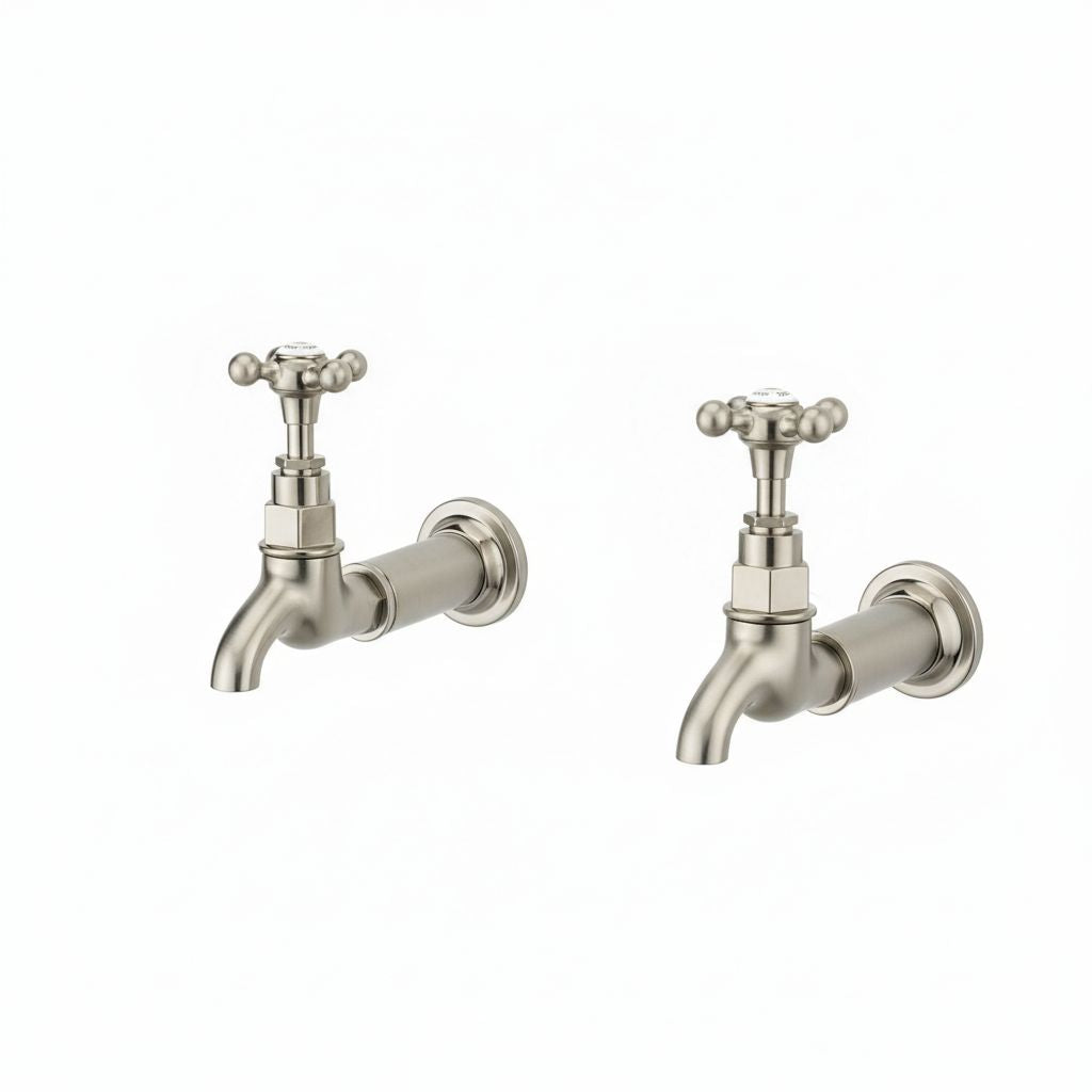 Brushed Nickel BIB TAPS ONLY in a traditional style compatible with Barber Wilsons, Lefroy Brooks, Rudge, and Chadder & Co.