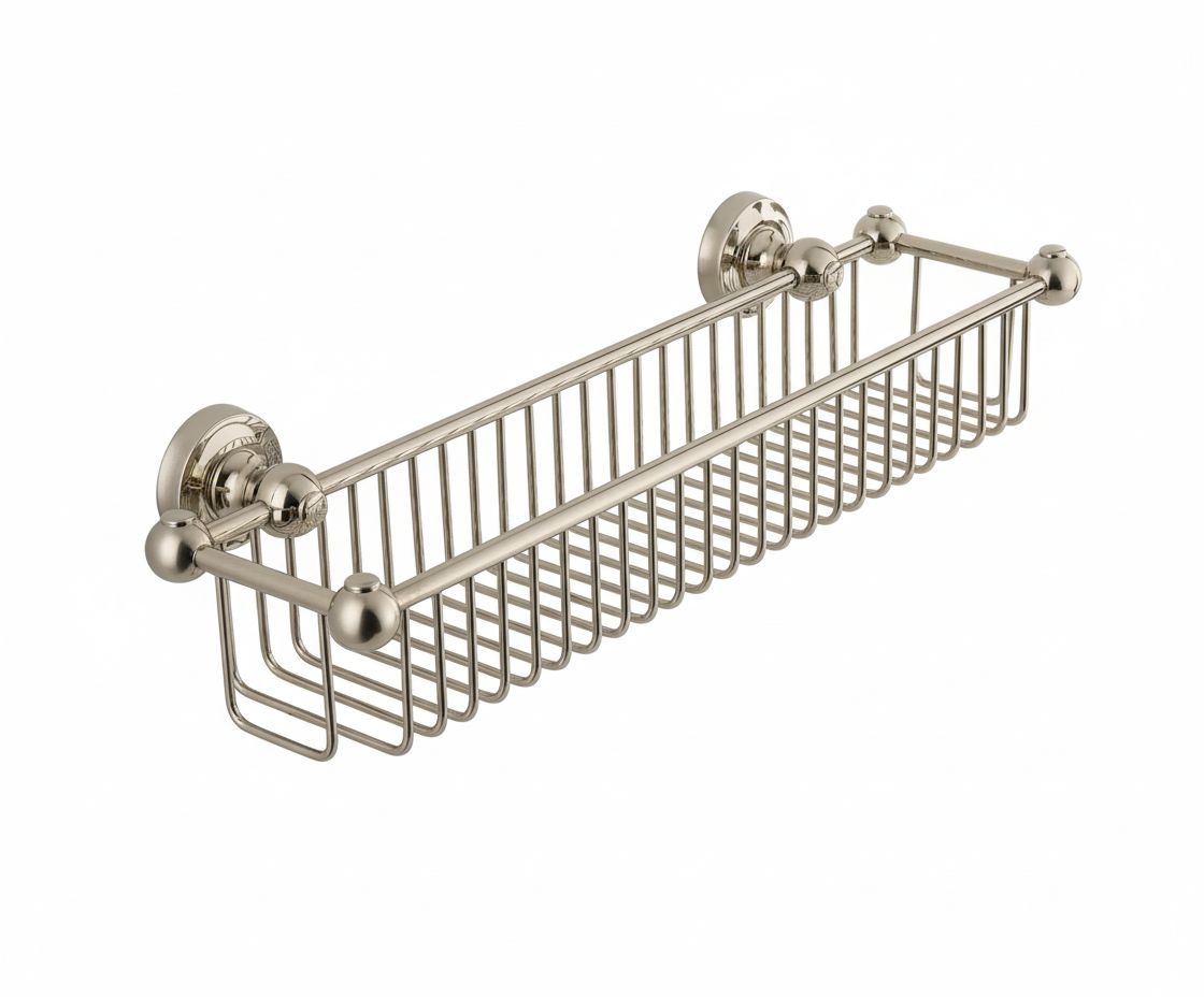 Brushed Nickel BOTTLE BASKET in a traditional style compatible with Barber Wilsons, Lefroy Brooks, Rudge, and Chadder & Co.