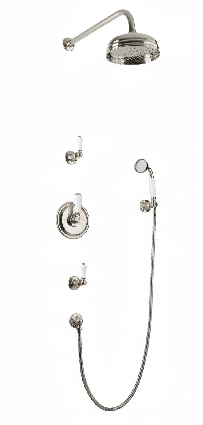 Brushed Nickel Concealed Shower With Handset Hook Kit in a traditional style compatible with Barber Wilsons, Lefroy Brooks, Rudge, and Chadder & Co.