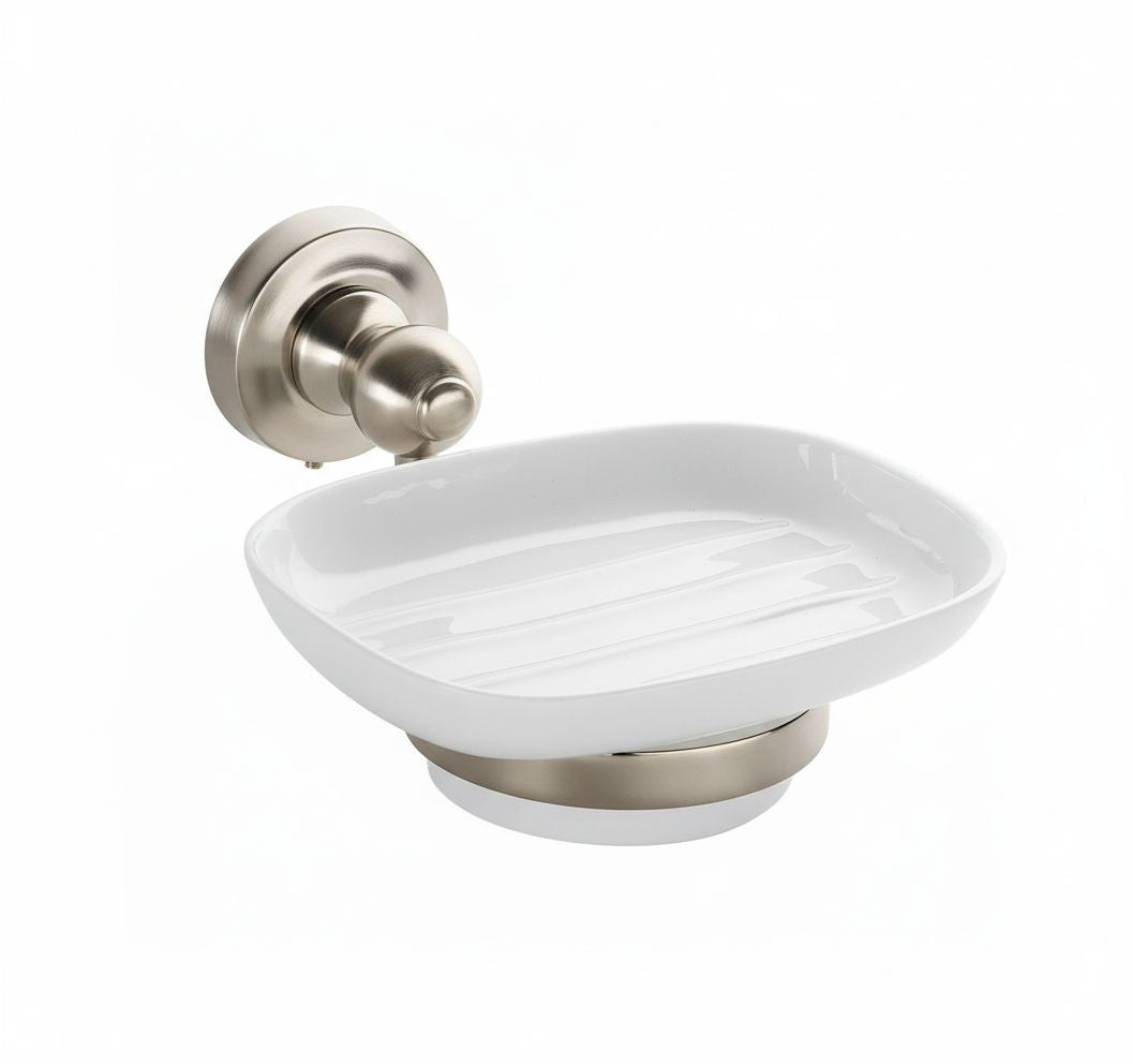 Brushed Nickel CERAMIC SOAP DISH in a traditional style compatible with Barber Wilsons, Lefroy Brooks, Rudge, and Chadder & Co.