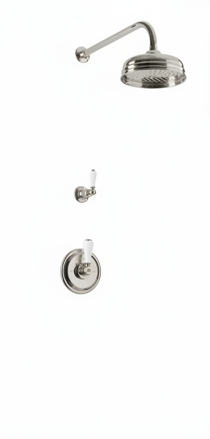 Brushed Nickel Concealed thermostatic shower & 8 inch roase in a traditional style compatible with Barber Wilsons, Lefroy Brooks, Rudge, and Chadder & Co.
