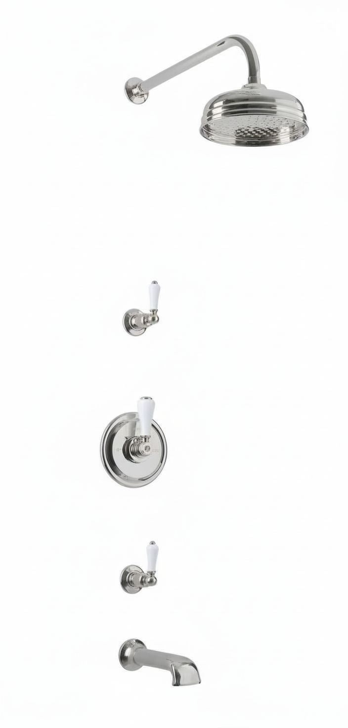 Brushed Nickel CONCEALED THERMOSTATIC  SHOWER WITH  220MM SPOUT in a traditional style compatible with Barber Wilsons, Lefroy Brooks, Rudge, and Chadder & Co.