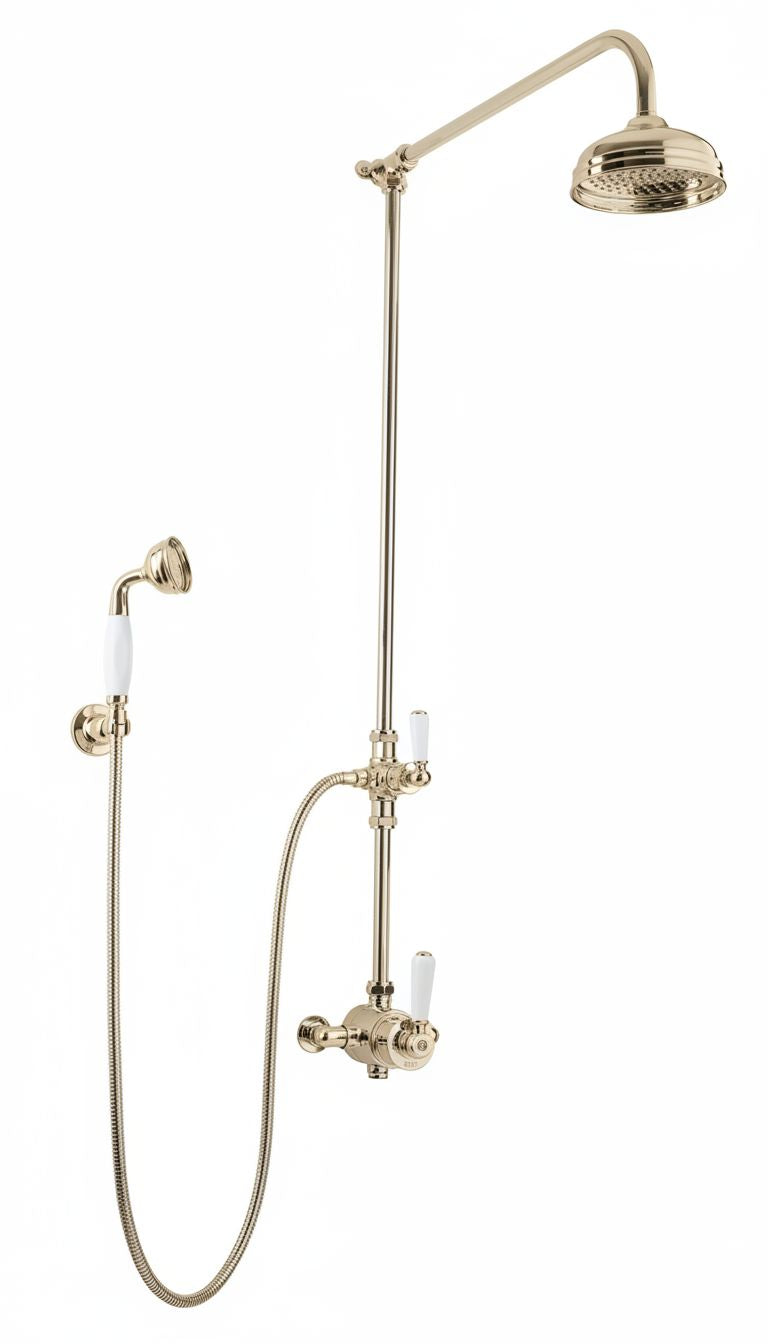 Brushed Nickel ESPOSED THERMOSTSTIC SHOWER WITH HANDSET HOOK SMALL THERMO in a traditional style compatible with Barber Wilsons, Lefroy Brooks, Rudge, and Chadder & Co.