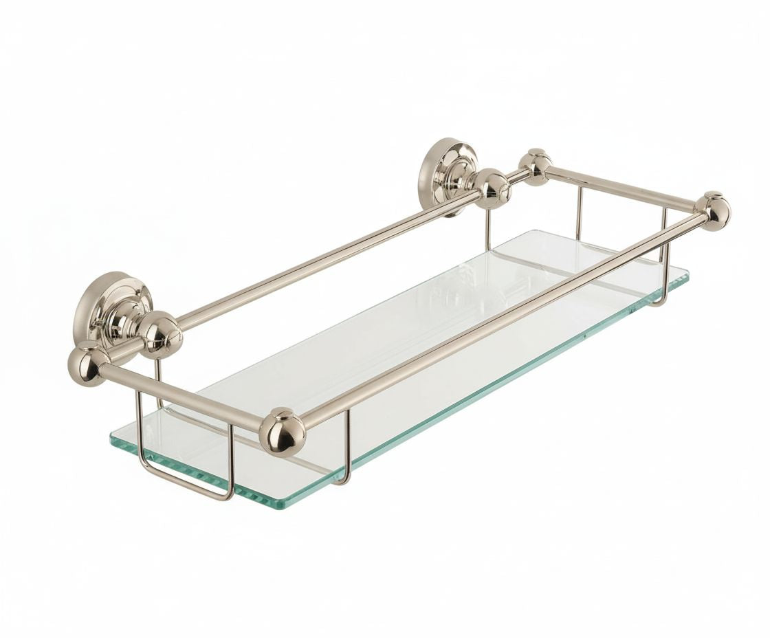 Brushed Nickel GLASS GALLERY SHELF in a traditional style compatible with Barber Wilsons, Lefroy Brooks, Rudge, and Chadder & Co.