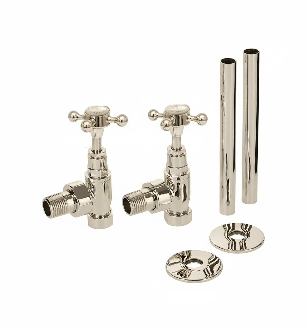 Brushed Nickel RADIATOR VALES in a traditional style compatible with Barber Wilsons, Lefroy Brooks, Rudge, and Chadder & Co.