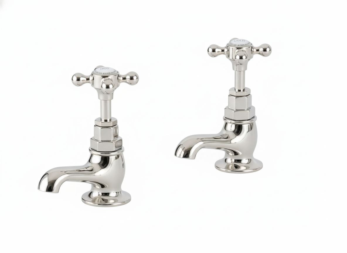 Brushed Nickel Basin Taps Short Nosed in a traditional style compatible with Barber Wilsons, Lefroy Brooks, Rudge, and Chadder & Co.