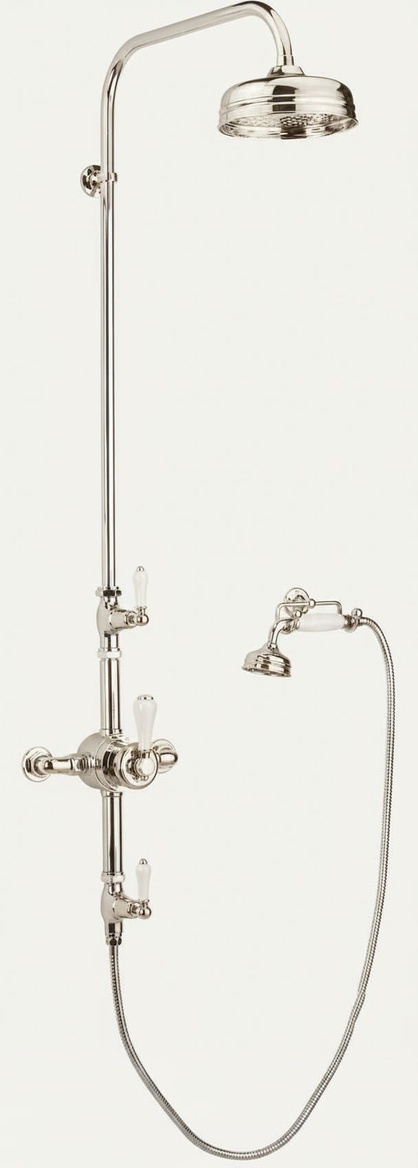 Brushed Nickel EXSPOSED THERMOSTATIC SHOWER AND HANDSET CRADLE KIT in a traditional style compatible with Barber Wilsons, Lefroy Brooks, Rudge, and Chadder & Co.