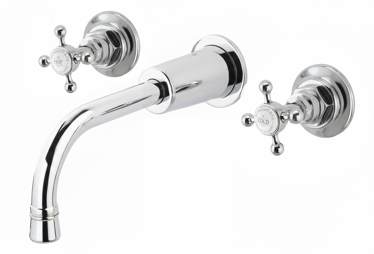 Chrome Plate Weathered Brass 3 Holed basin Mixer Wall Mounted in a traditional style compatible with Barber Wilsons, Lefroy Brooks, Rudge, and Chadder & Co.