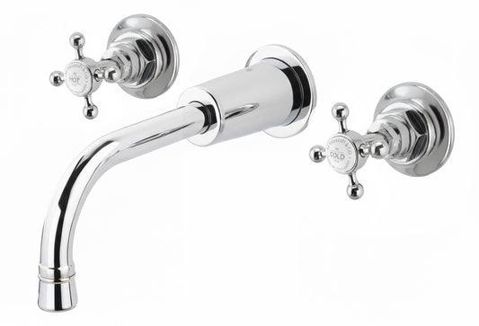 Chrome Plate Weathered Brass 3 Holed basin Mixer Wall Mounted in a traditional style compatible with Barber Wilsons, Lefroy Brooks, Rudge, and Chadder & Co.